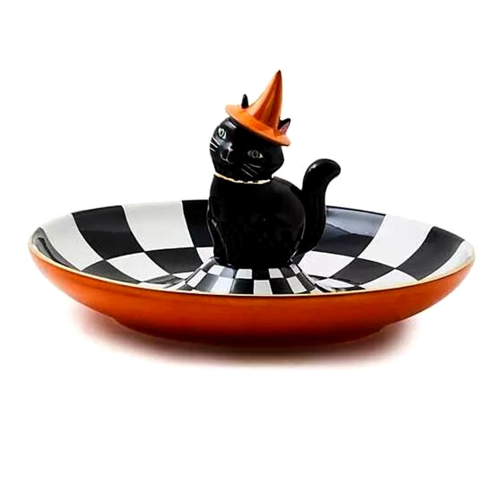 NEW Mackenzie Childs Trick or Treat Cat Check Candy Dish